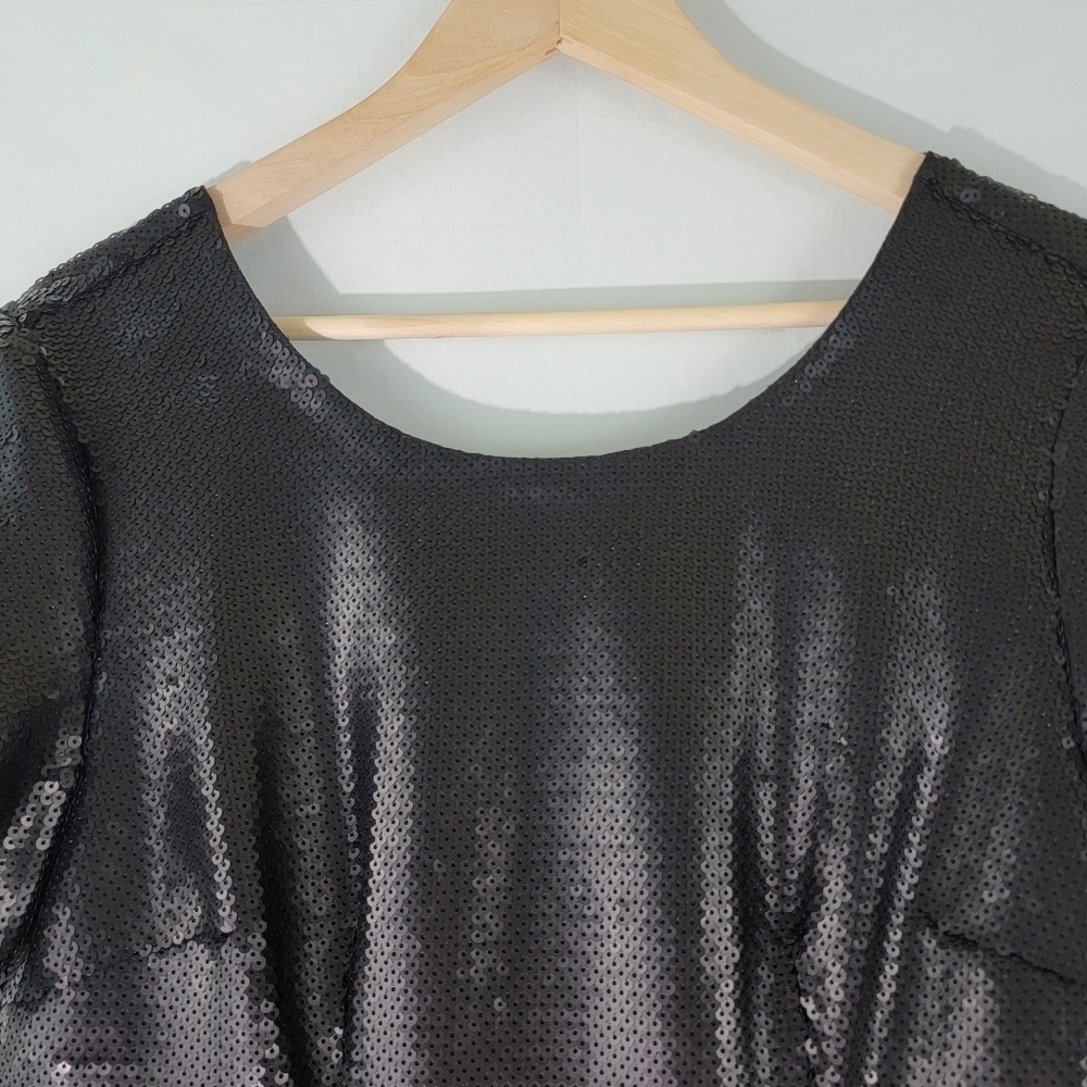 DKNYC Black Sequins Cocktail Sheath Dress Sz 12 Short Sleeve Lined New Year's - Picture 4 of 12